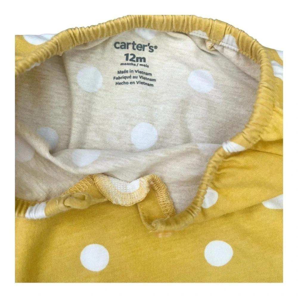 Carter's Yellow Polka Dot Long Sleeve Shirt ruched neck line cotton button 12 Mo